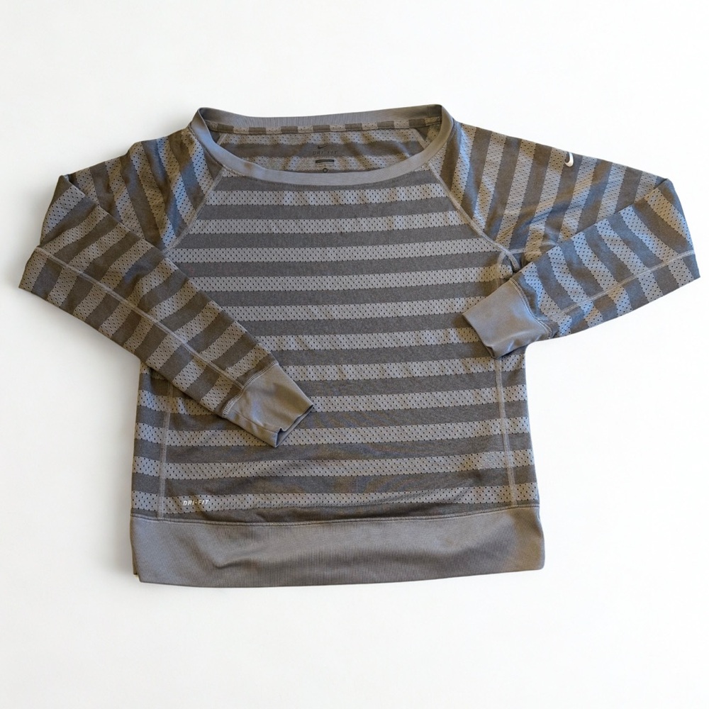 Nike Dri-Fit Mesh Crewneck Shirt Grey striped Medium Athleisure - Picture 1 of 6
